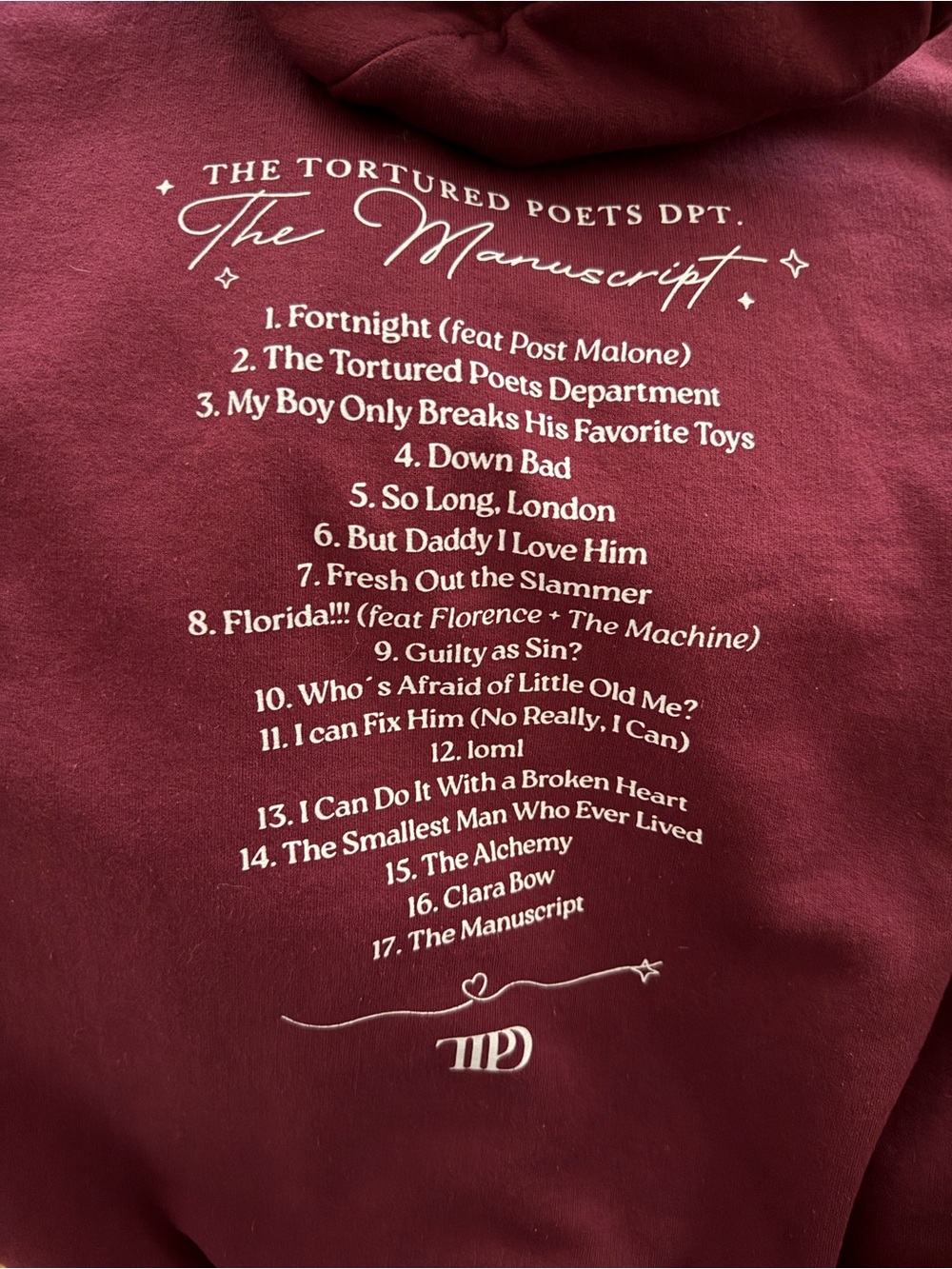 Taylor Swift Gildan Maroon Tortured Poet’s Department Pullover Hoodie - Picture 3 of 3